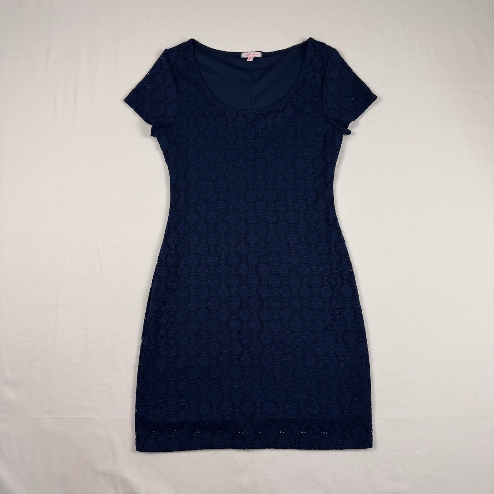 Isaac Mizrahi Lace Sheath Dress Womens Medium Navy Blue Short Sleeve - Picture 3 of 11